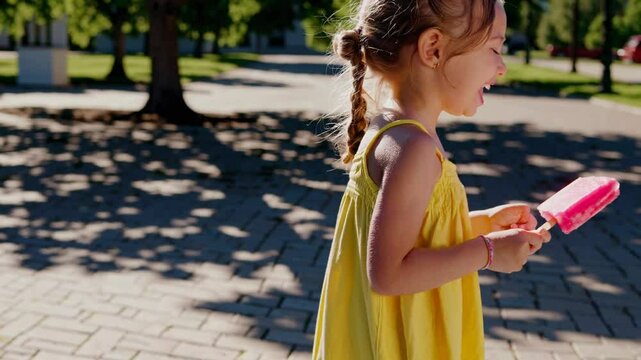 Joyful girl enjoying a popsicle in a sunny park