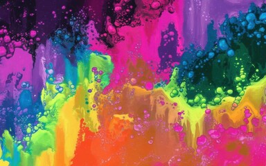 A vibrant abstract mix of pink, green, blue, and orange hues creates a dynamic, colorful wave-like pattern with bubbles.