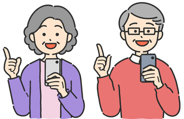 スマホを操作して指差しするシニア男女のイラスト

