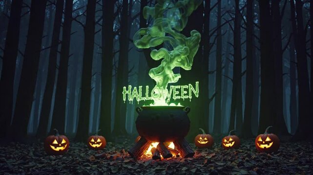 Glowing cauldron in spooky forest with animated smoke and halloween pumpkins