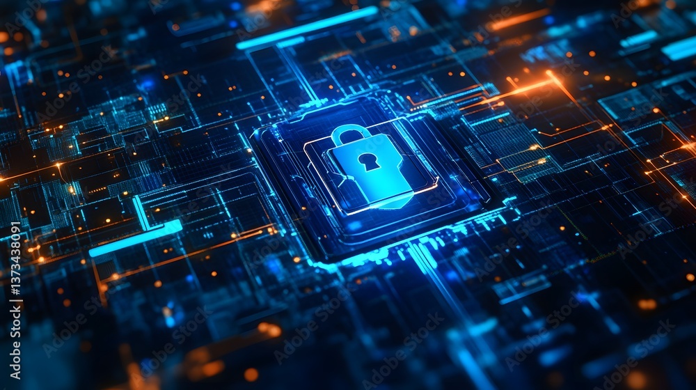 Poster a computer chip with a blue lock on it. the lock is surrounded by a blue and orange grid