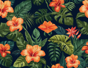 A bold, modern botanical design with vibrant tropical flowers and lush green leaves on a deep navy background, creating an elegant and luxurious feel.