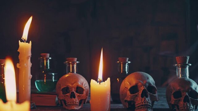 Eerie candlelit scene with skulls, smoke, and potion bottles in mysterious ambiance