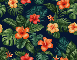 A bold, modern botanical design with vibrant tropical flowers and lush green leaves on a deep navy background, creating an elegant and luxurious feel.