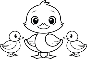 Cute Outline Chick and Ducklings Cartoon on Transparent Background