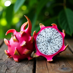 Fresh Dragon Fruit on Rustic Table &ndash; Exotic Tropical Fruit Photography