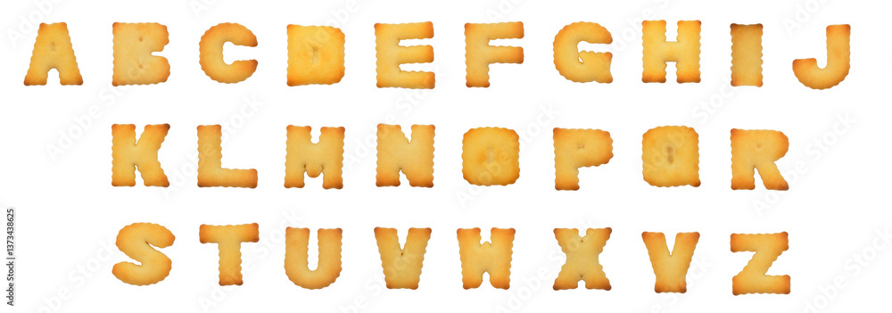 Fototapete a complete set of crispy alphabet cookies arranged in rows on a white background. ideal for educatio