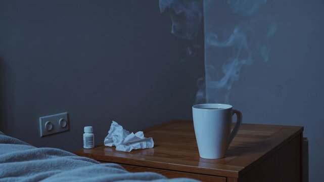 Steaming mug and medicine on nightstand capture cozy morning ambience