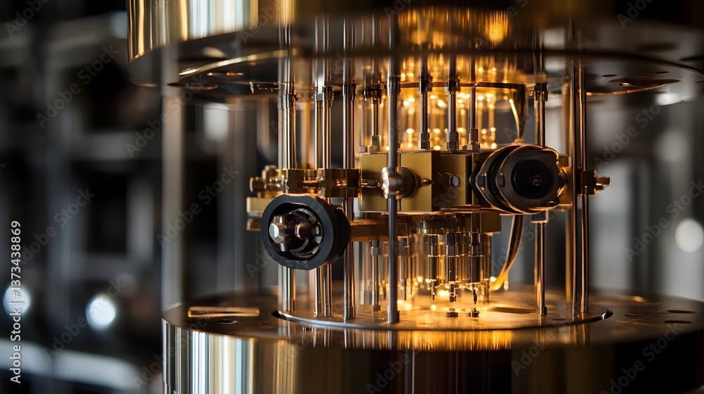 Poster a large, shiny object with a black face and a yellow light. it looks like a machine or a device