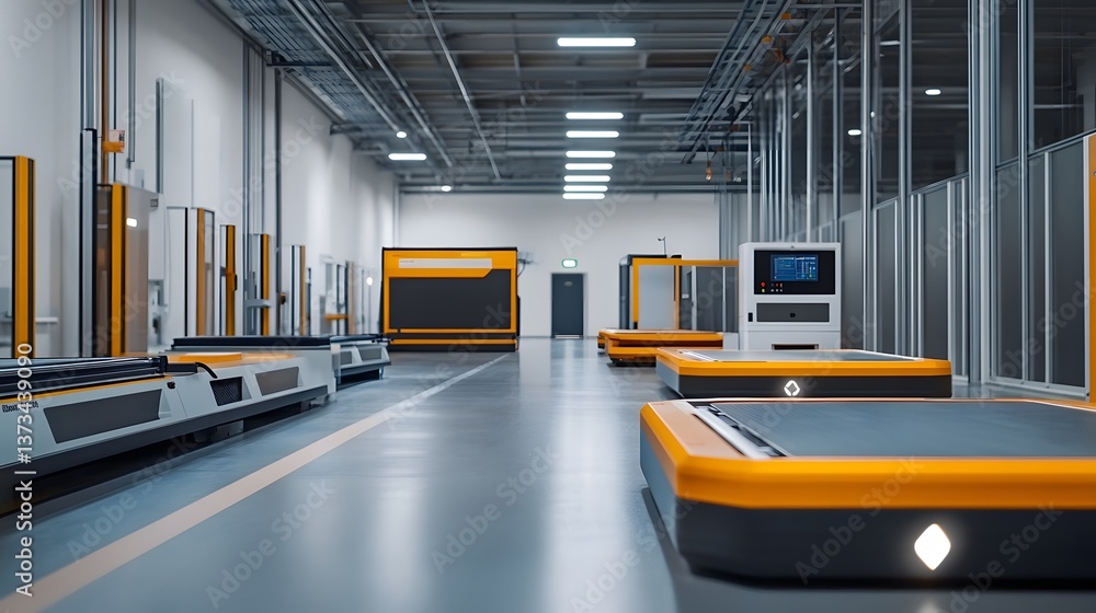 Poster a large industrial space with orange conveyor belts and a white computer screen. the space is empty 