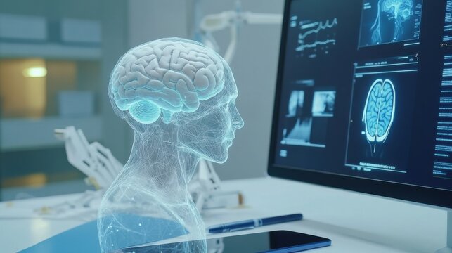 AI developer designing smart healthcare assistants with natural language processing, office with AI software and health data, AI Healthcare style