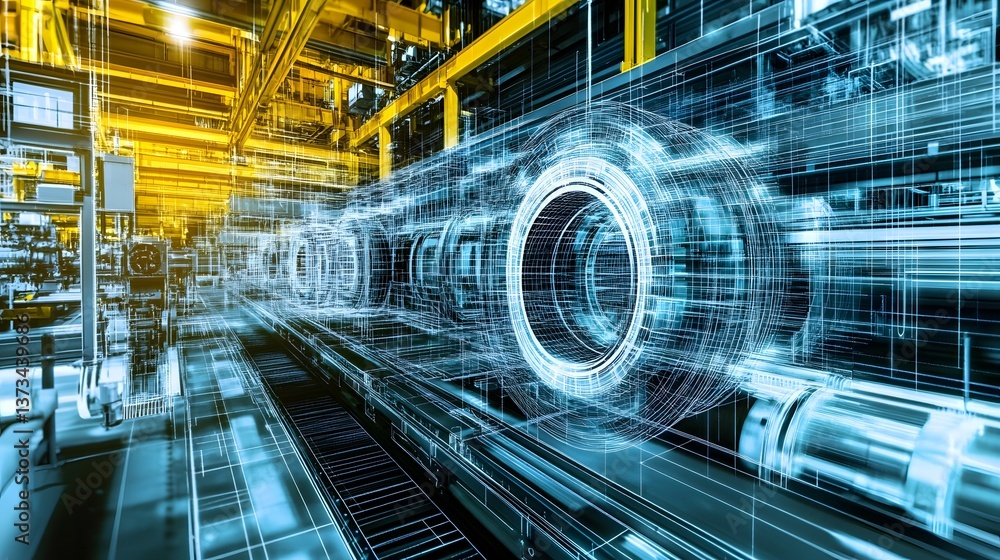 Aufkleber a futuristic industrial scene with a large, glowing circle in the middle. the circle is surrounded b