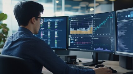 AI driven healthcare data analyst analyzing patient records for predictive health trends, hospital office with health data visualizations and predictive analytics software, Healthcare Tech style