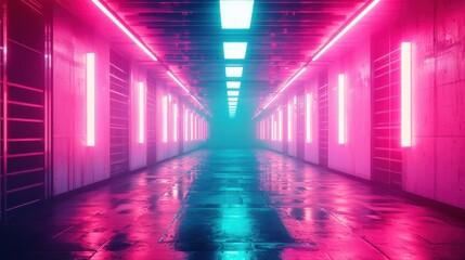 Fototapeta premium Futuristic corridor illuminated by neon lights with a reflective floor texture.