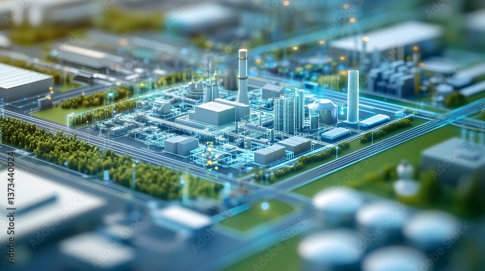 Aufkleber a cityscape with a large industrial plant in the center. the image is a computer generated rendering