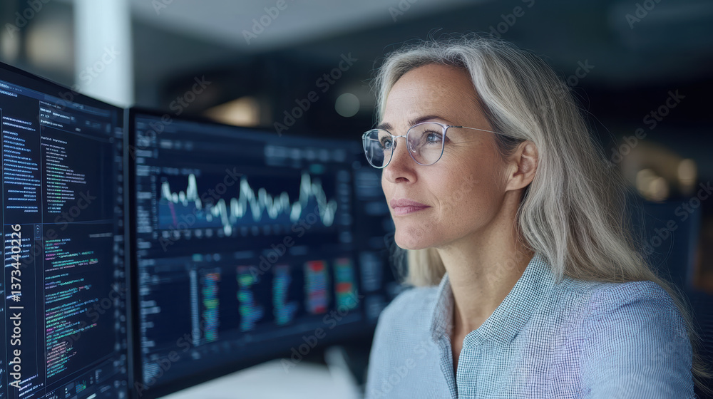 Poster focused professional analyzing data on multiple screens, showcasing technology and expertise
