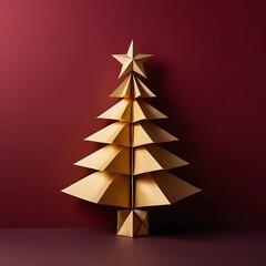 A minimalist and modern Christmas tree made of layered, folded paper with a geometric design, set against a dark red gradient background