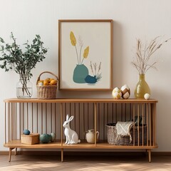 Creative composition of spring easter living room interior with mock up poster frame, wooden sideboard, plant in basket, hare sculpture, vase with leaves and personal accessories. Home decor. Template