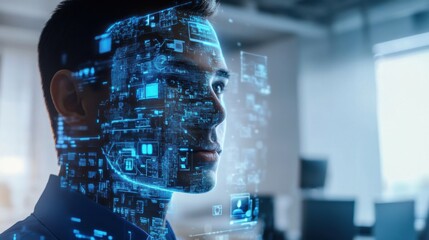 AI engineer developing emotion aware chatbots for customer support, office with AI interfaces and chatbot algorithms, AI style