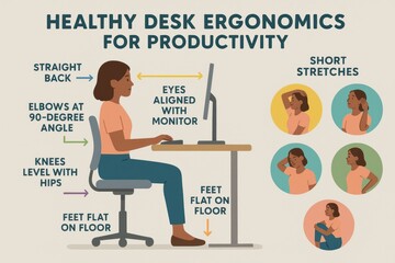 Ergonomics for Productivity: Illustrated guide showcases an ideal work setup for health and focus, emphasizing posture, alignment, and breaks for optimal well-being, infographics 