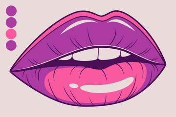 Closeup of lips, vibrant purple and pink lipsticks on a white background