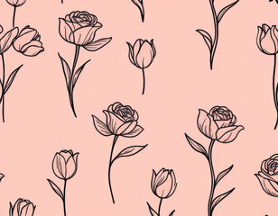A minimalist line-art floral pattern showcasing delicate roses and tulips, drawn in fine black ink on a soft pastel pink background, perfect for elegant fabric or wallpaper
