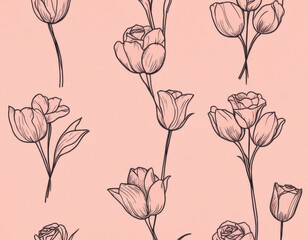 A minimalist line-art floral pattern showcasing delicate roses and tulips, drawn in fine black ink on a soft pastel pink background, perfect for elegant fabric or wallpaper