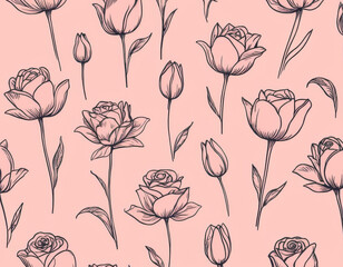A minimalist line-art floral pattern showcasing delicate roses and tulips, drawn in fine black ink on a soft pastel pink background, perfect for elegant fabric or wallpaper