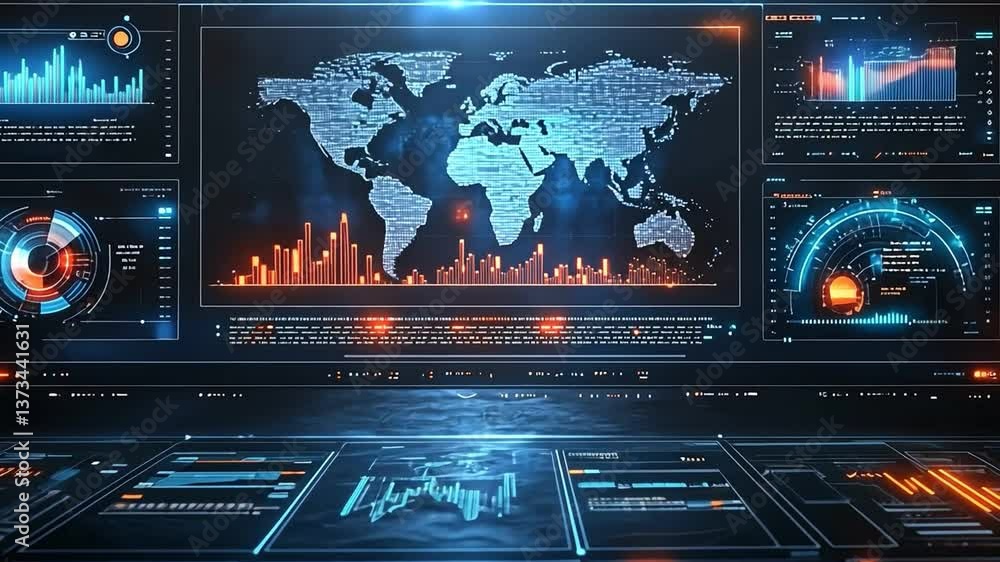 Poster futuristic data visualization global maps, graphs, and analytics showcasing advanced technology and 
