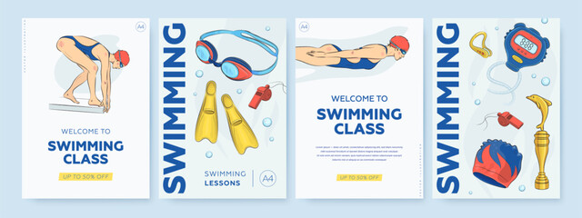 Welcome to swimming class poster, flyer or promotion web banner set. Vector illustration of athletic woman in blue swimsuit. Swimming lesson or competition advertisement concept