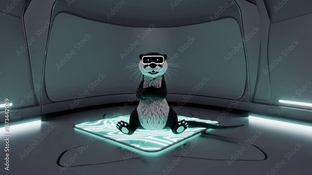 Poster futuristic otter interacting with holographic display in hightech environment