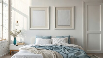 Cozy bedroom with natural light, soft linens, and stylish decor, creating a peaceful and inviting atmosphere. Copy space, commercial use