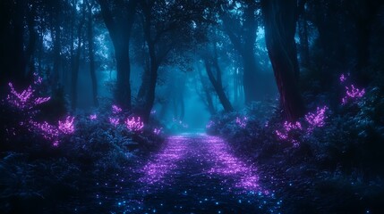 Fototapeta premium futuristic nature fantasy Enchanting forest path illuminated by vibrant purple plants, creating a mystical ambiance in a serene, foggy atmosphere.