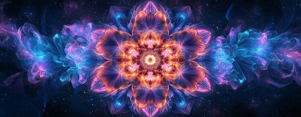 futuristic nature fantasy Vibrant cosmic flower fractal design with swirling colors, perfect for digital art backgrounds and abstract visuals.