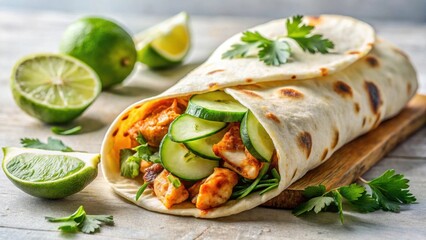 Savory Chicken Wrap with Fresh Cucumber and Lime Garnish on Wooden Board