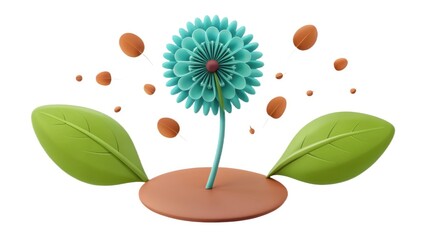 Colorful flower with leaves and flying seeds, in a whimsical style.