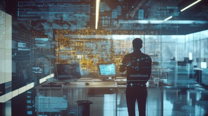 AI researcher creating natural language processing algorithms for real time translation, office with AI models and multilingual text data, Translation Tech style