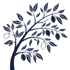 Elegant tree branch illustration with leaves and fruit against white background  
