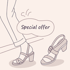 Trendy sandals with special offer message in a minimalist style  