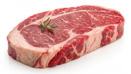 Fototapeta premium Fresh raw ribeye steak garnished with a sprig of rosemary, perfect for grilling or roasting. Ideal for meat lovers and culinary enthusiasts. Isolate on white background, Copy space, commercial use
