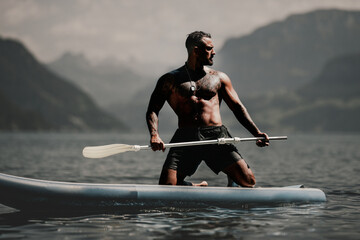 Sexy summer man. Muscular body. Hot summer. Man swimming in lake. Guy splash in water in summer...