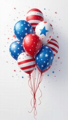 festive red, white, and blue balloons for USA Independence Day 4th July celebration on clean white background, patriotic party decor with stars and stripes