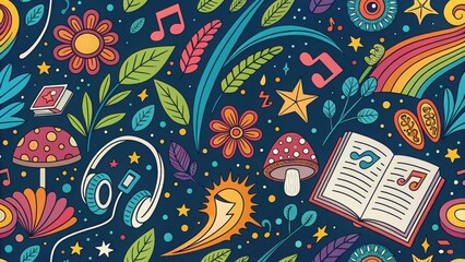 Naklejka premium Vibrant illustration filled with musical notes, flowers, mushrooms, and rainbow designs, perfect for creativity and inspiration. Isolate on dark background, Copy space, commercial use