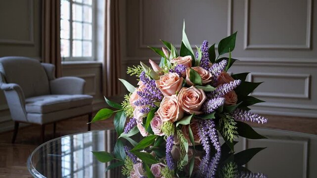 Elegant floral arrangement reflecting on glass table in sunlit room