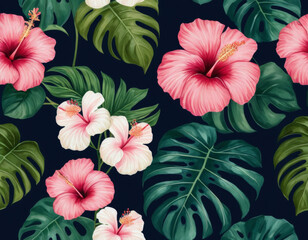 A modern tropical floral pattern with bold hibiscus and monstera leaves, designed in a vibrant color palette of pinks and greens, set against a deep navy background.
