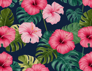 A modern tropical floral pattern with bold hibiscus and monstera leaves, designed in a vibrant color palette of pinks and greens, set against a deep navy background.