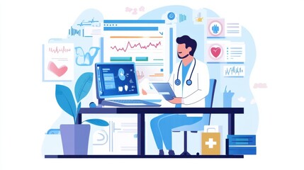 AI researcher designing machine learning models for personalized healthcare plans, office with AI software and patient health data, HealthTech AI style