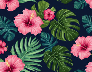 A modern tropical floral pattern with bold hibiscus and monstera leaves, designed in a vibrant color palette of pinks and greens, set against a deep navy background.