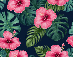 A modern tropical floral pattern with bold hibiscus and monstera leaves, designed in a vibrant color palette of pinks and greens, set against a deep navy background.