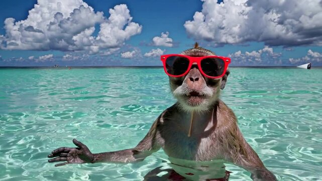 Tropical monkey enjoying beach vibes with fashionable red sunglasses